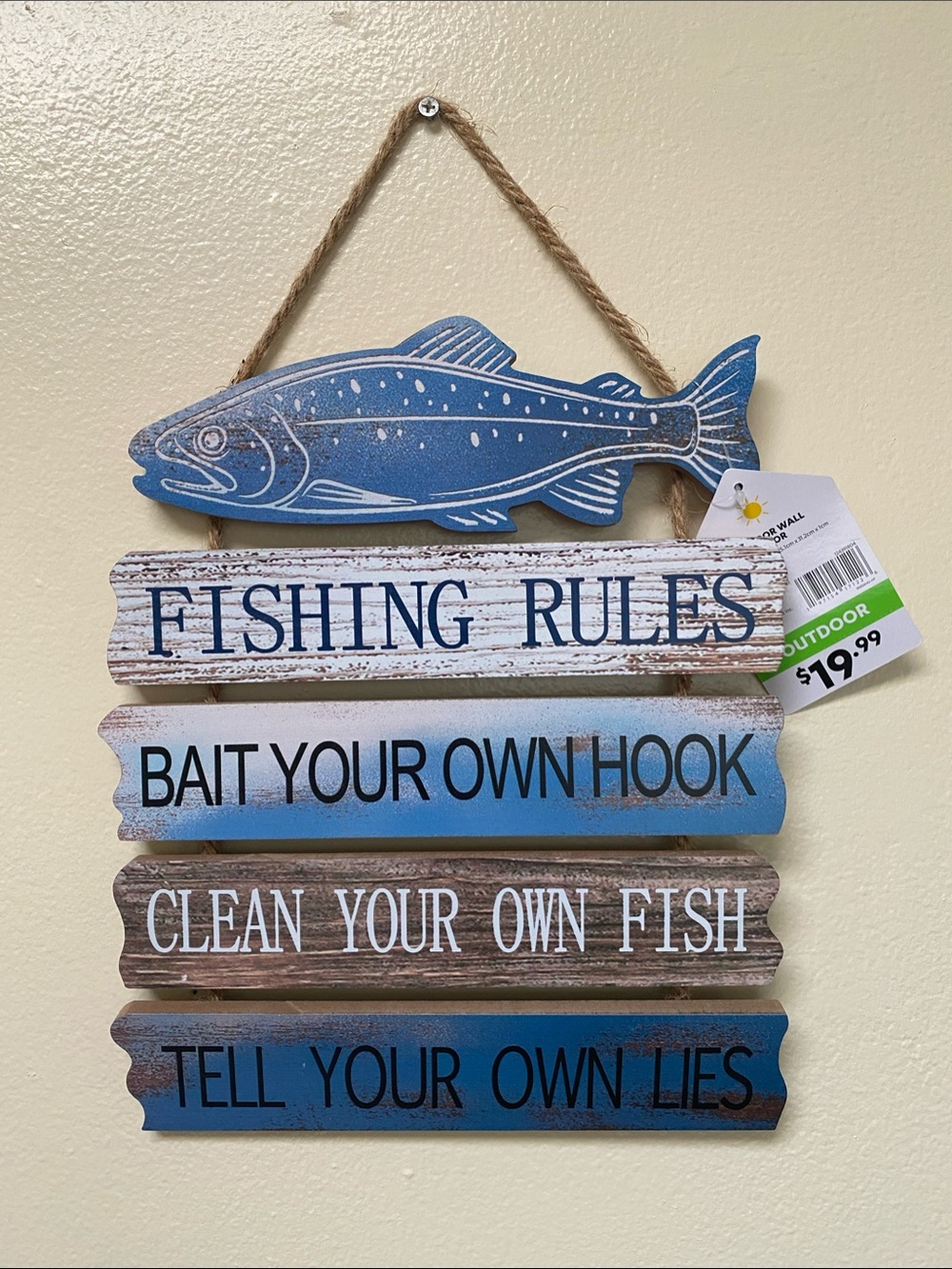 Blue 'Fishing Rules' Rustic Wall Plaque